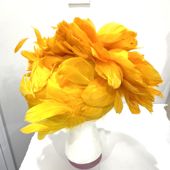 Vintage Ms Devine hat bright yellow feathers satin bow & rhinestones statement - Picture 6 of 10